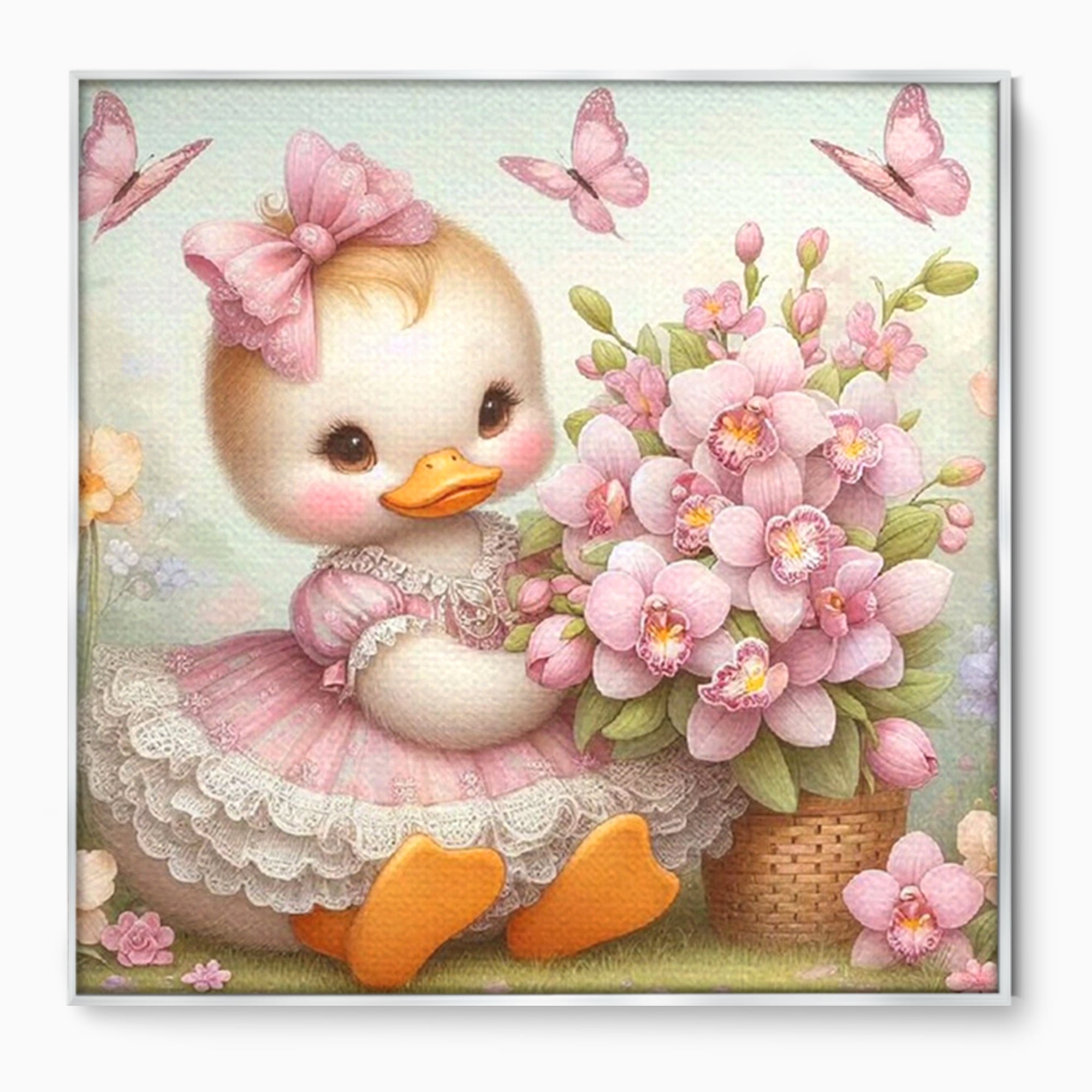 Tablou canvas cu ilustratie cu ratusca roz si fluturi, in rama de aluminiu argintiu